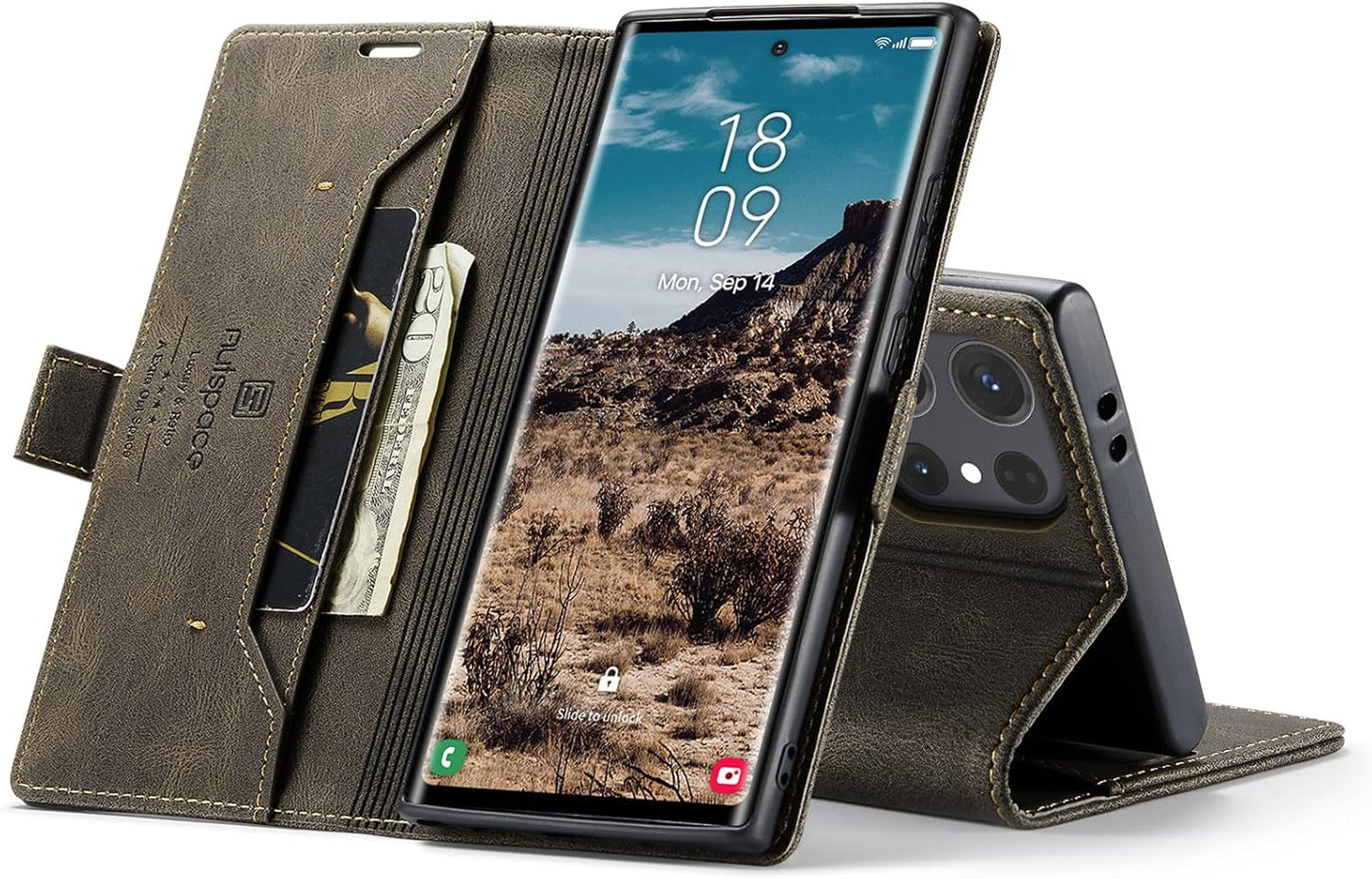iTape Retro frosted soft leather mobile phone case for Samsung Galaxy S24 Ultra, RFID (anti-theft swipe), wallet card slot flip cover stand, Black