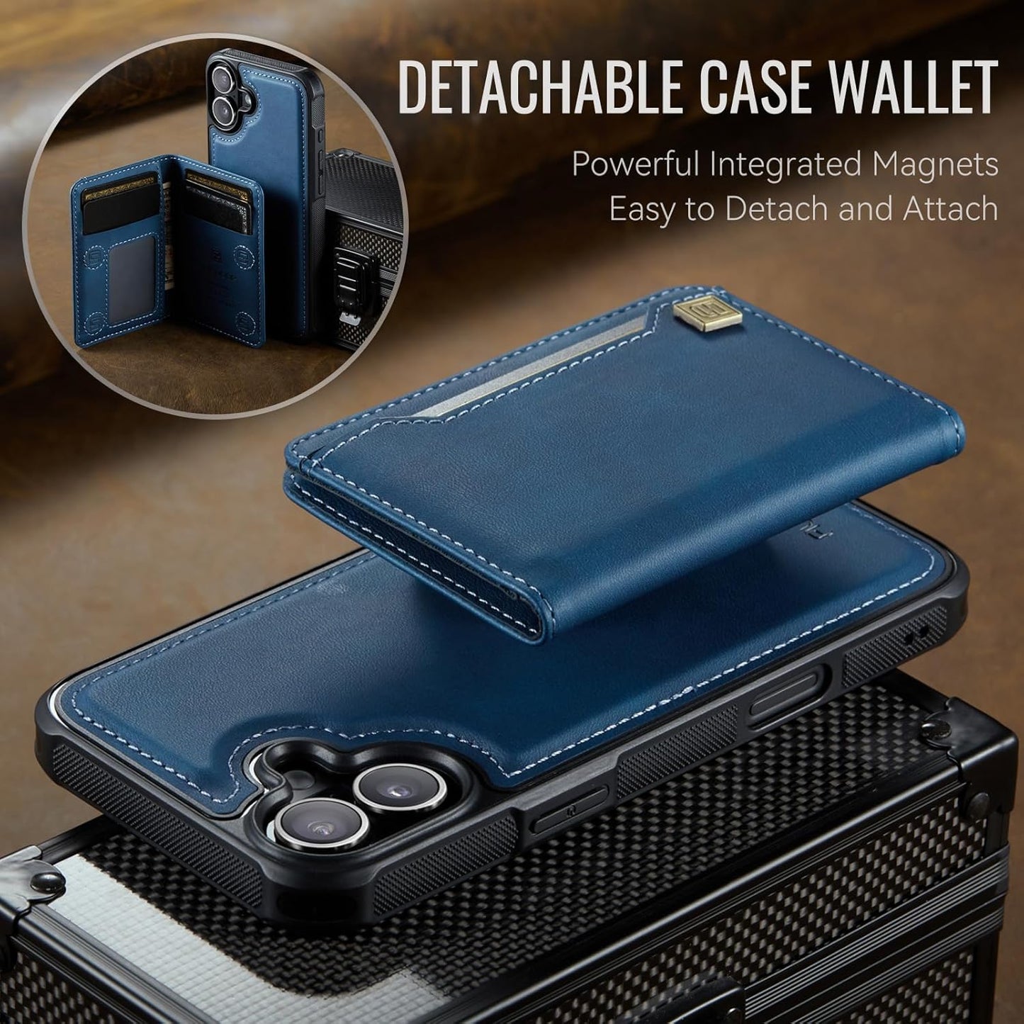 Double magnetic card holder mobile phone case for iPhone 16, RFID (anti-theft), supports car magnetic suction function + multi-directional bracket Blue