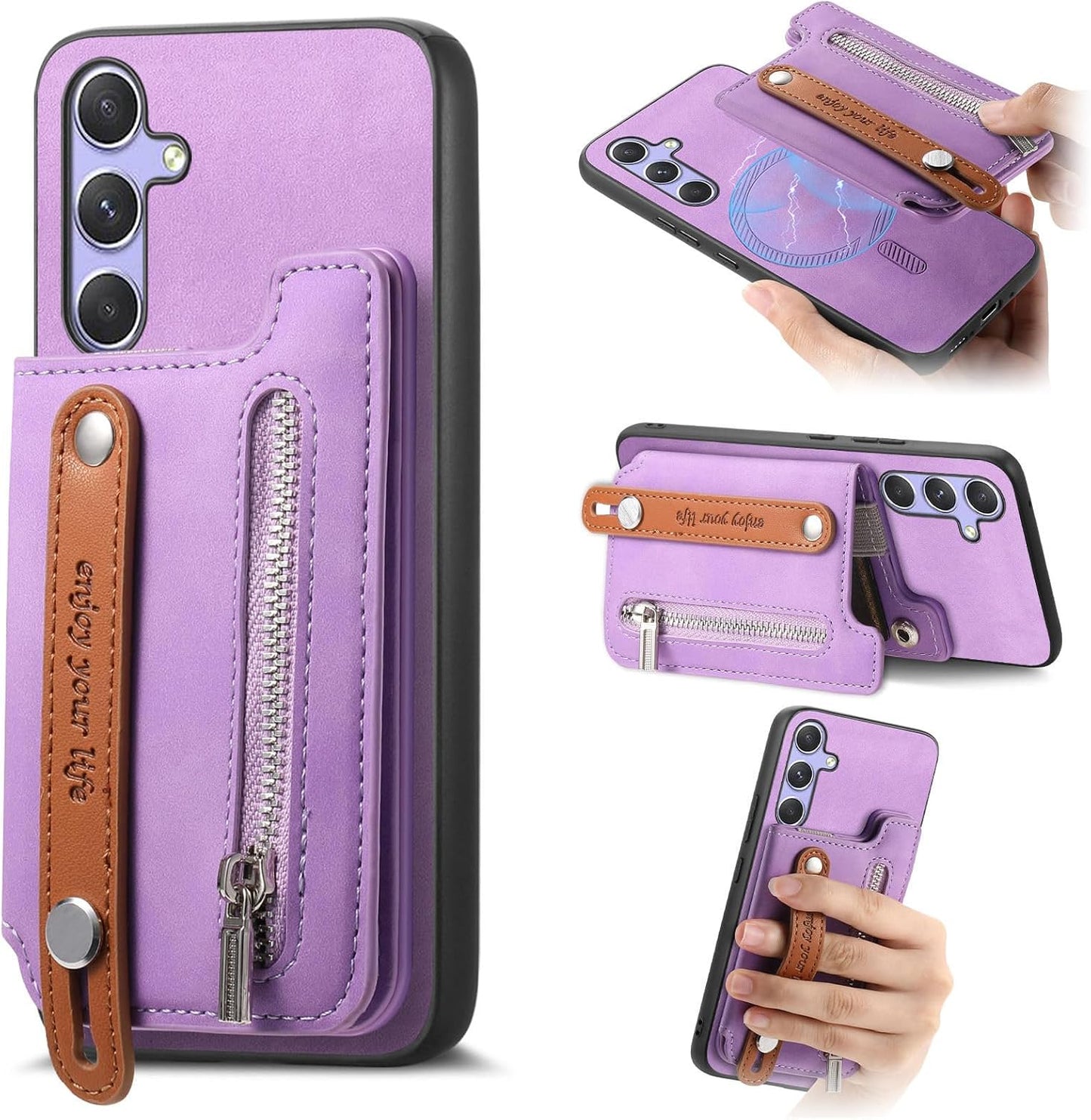 iTape Retro magnetic mobile phone case for Samsung Galaxy S25+, wireless charging magnetic car mount, Card slot, card holder, wrist strap bracket RFID anti-theft card Orange