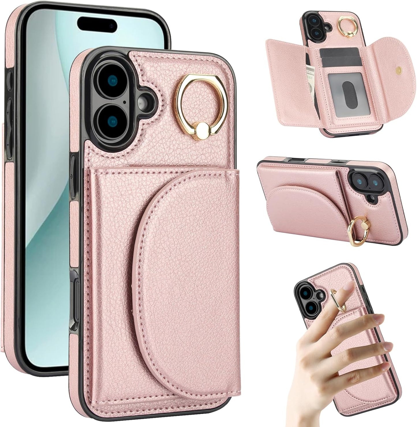 Tri-fold wallet case for iPhone 16 Plus, 360° rotating ring buckle stand, shockproof phone case coin purse card holder Black