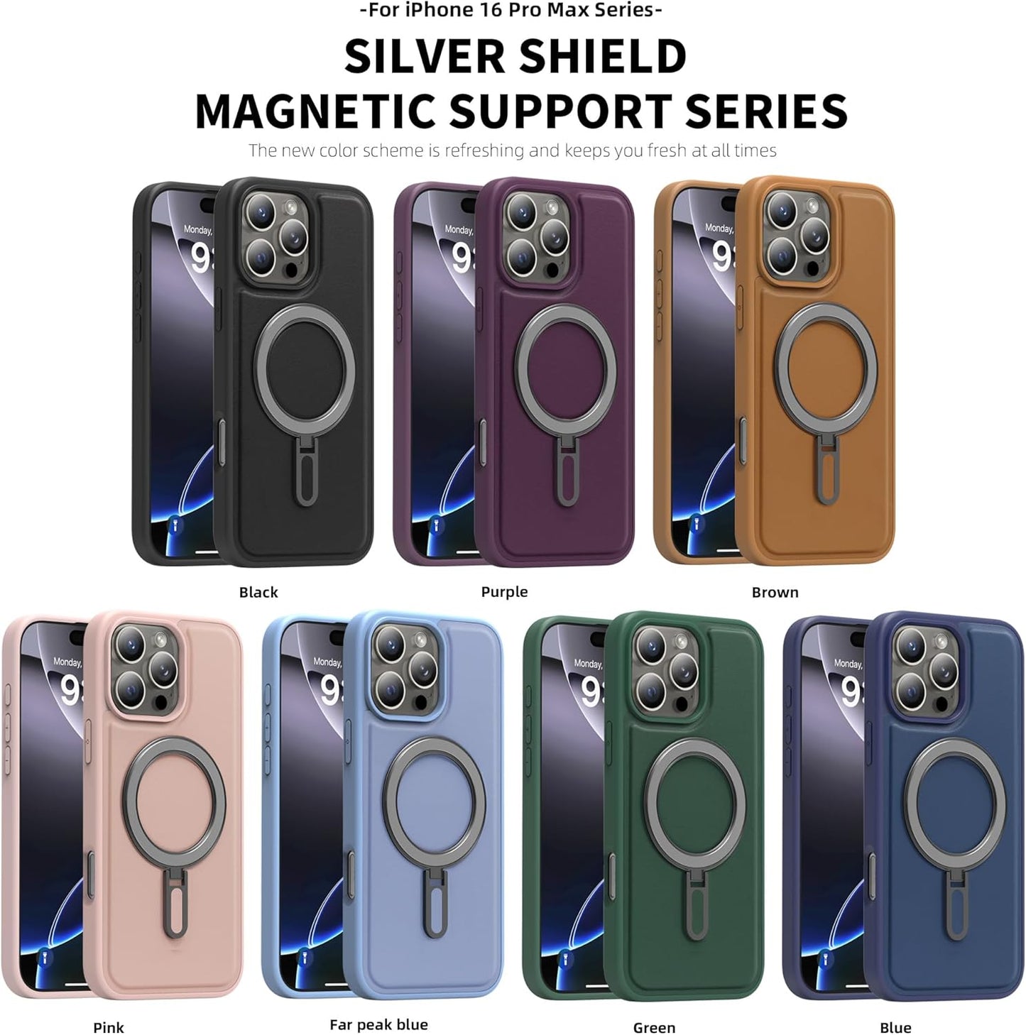 Magnetic phone case for iPhone 16 Pro max, silver magnetic ring supports wireless charging, military-grade drop resistance, compatible with iPhone 16 Pro max