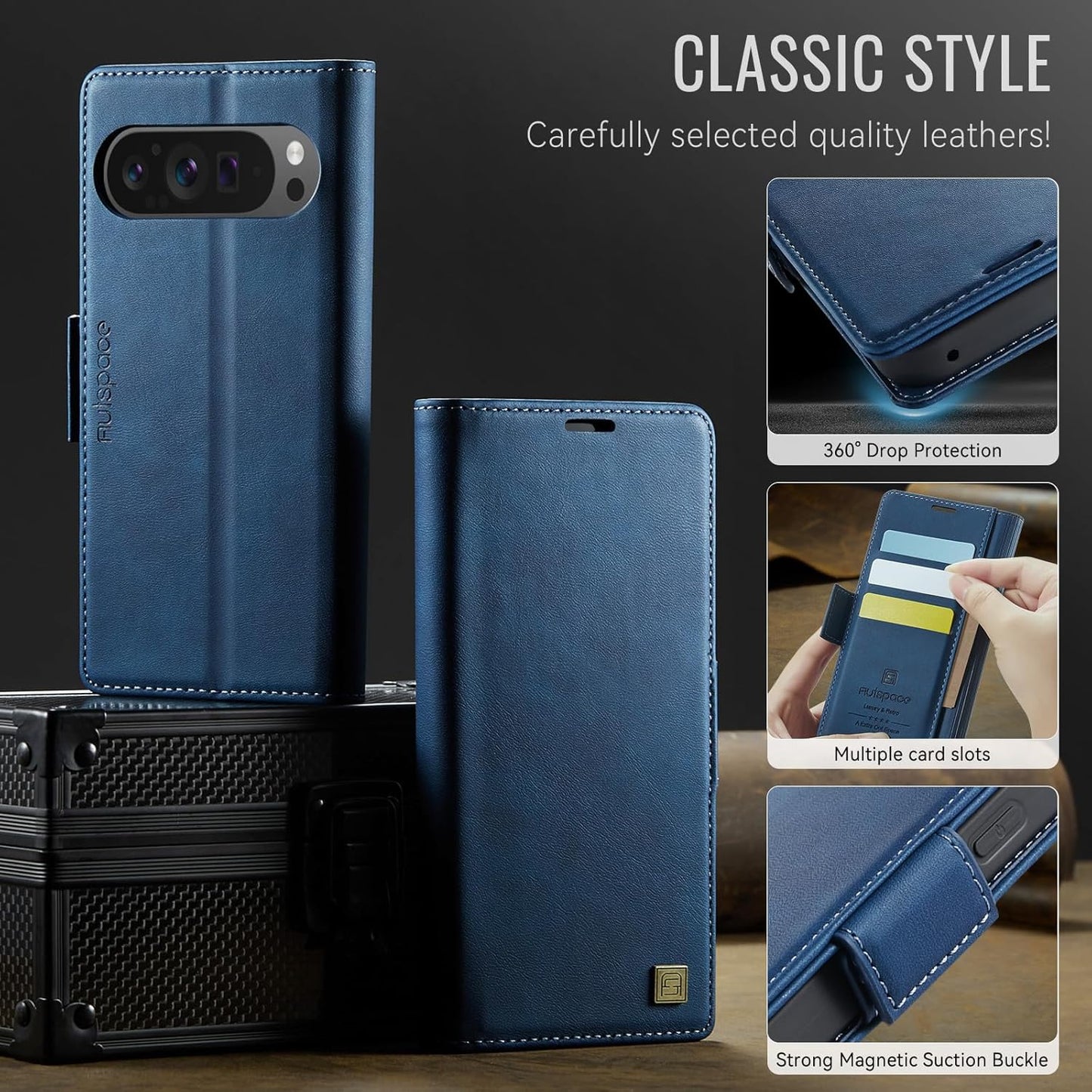 iTape Soft leather wallet case for Google Pixel 9, RFID (anti-theft), wallet card slot flip cover stand for Google Pixel 9 Support wireless charging Blue