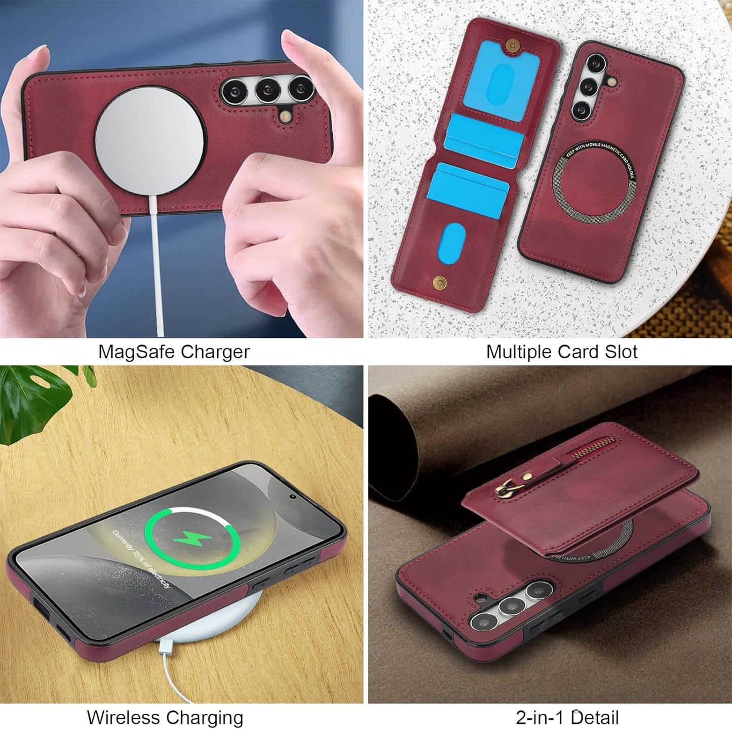 iTape Magnetic card holder phone case suitable for Samsung Galaxy S24+, zipper magnetic split magnetic wallet with adjustable bracket Blue