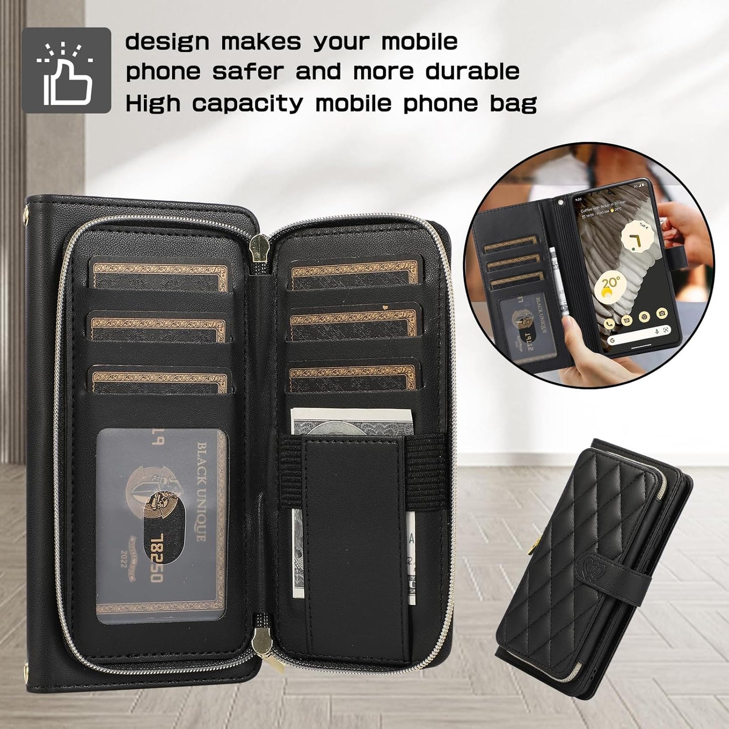 iTape Diamond Wallet Case for Google Pixel 8, Flip Leather Stand, Wrist Strap, Magnetic Closure, Shockproof Case Coin Purse Card Holder, Crossbody Strap Black