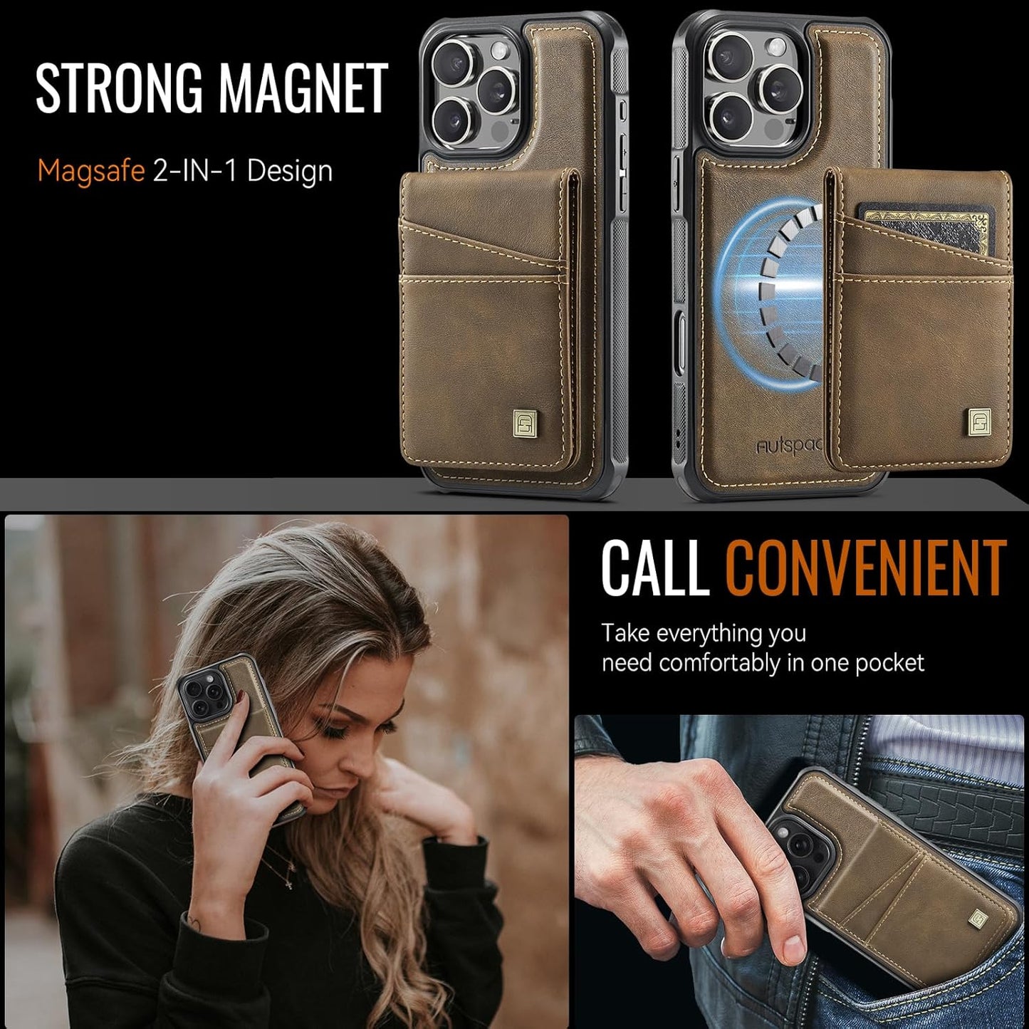 Up and down card holder mobile phone case suitable for iPhone 16 Pro, RFID (anti-theft), supports car magnetic suction function, card slot wallet holder Blue