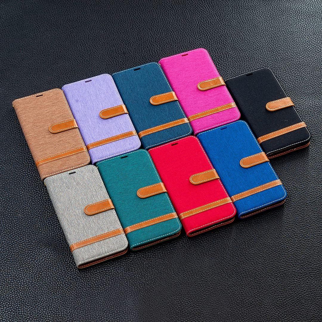Colorblock Denim Wallet Phone Case for iPhone 16E, Wallet Phone Case Flip Stand, Credit Card Slot Wallet Wrist strap Green