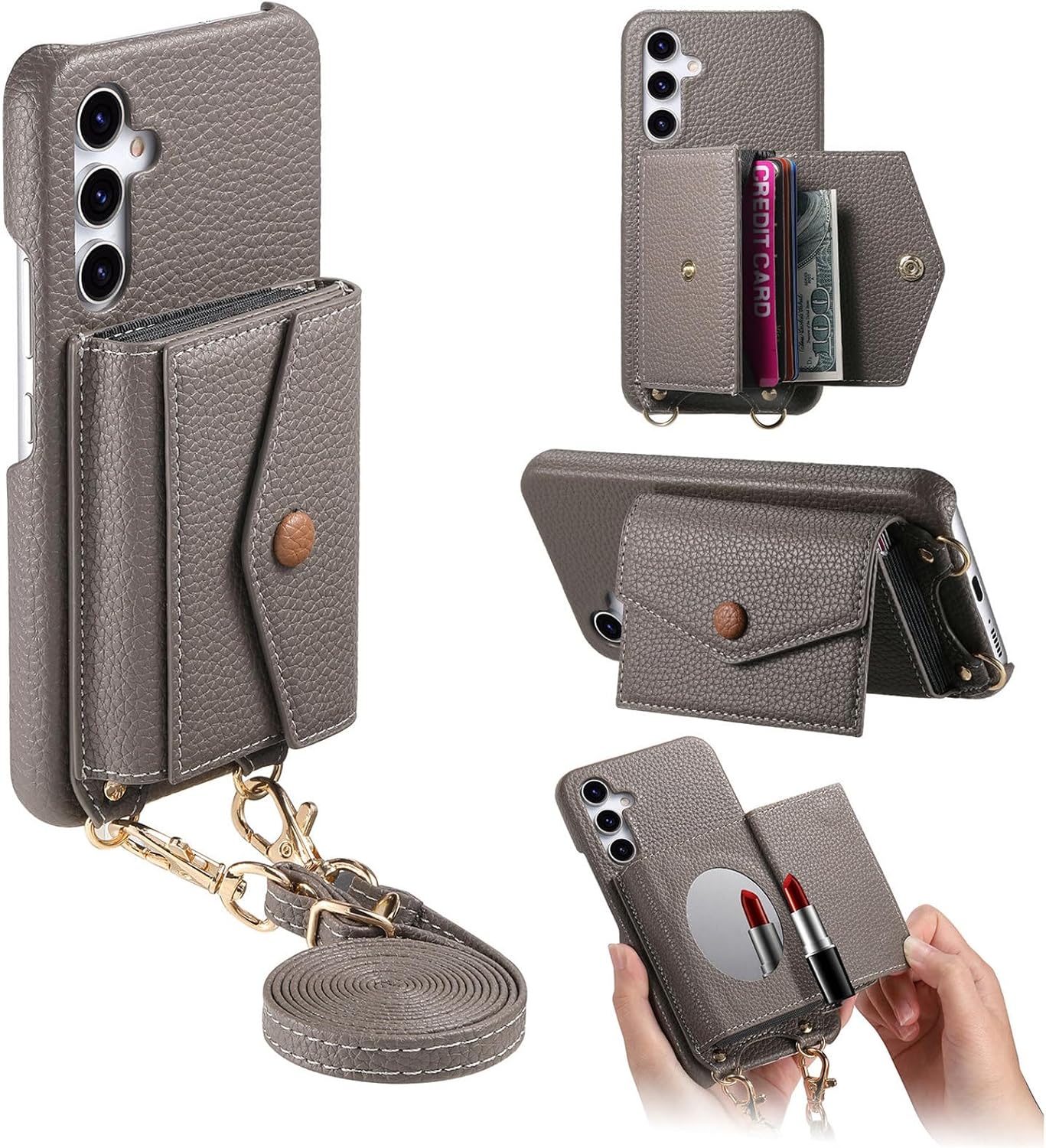 iTape Card Holder Wallet Phone Case for Samsung Galaxy A55, Shockproof Ultra-thin Phone Case, Makeup Mirror with Crossbody Strap Pink