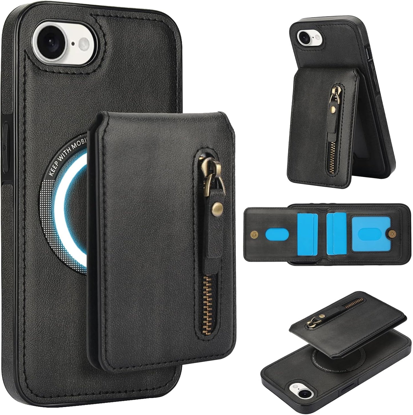 Magnetic card holder phone case suitable for iPhone 16E, zipper magnetic split magnetic wallet with adjustable bracket