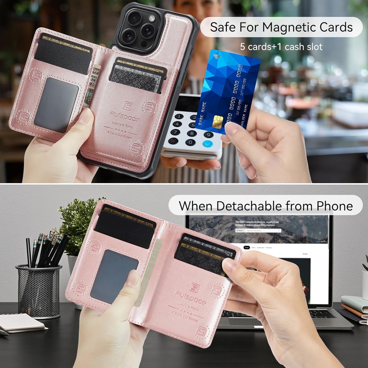 Double magnetic card holder mobile phone case for iPhone 16 Pro, RFID (anti-theft), supports car magnetic suction function + multi-directional bracket Blue
