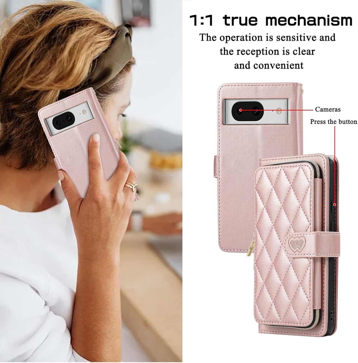 iTape Diamond Wallet Case for Google Pixel 8, Flip Leather Stand, Wrist Strap, Magnetic Closure, Shockproof Case Coin Purse Card Holder, Crossbody Strap Black