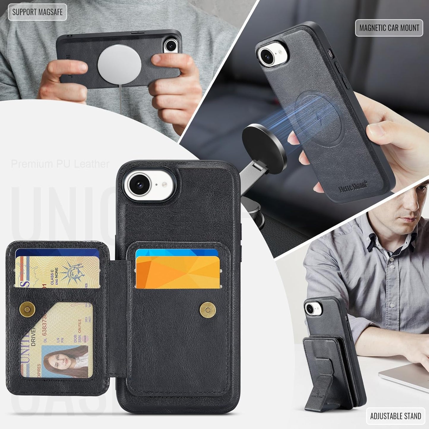 Magnetic Leather Phone Case for iPhone 16E, (RFID) Card Slot Wallet Flip Folding Stand, Wireless Charging Phone Case for iPhone 16E(RFID) Green
