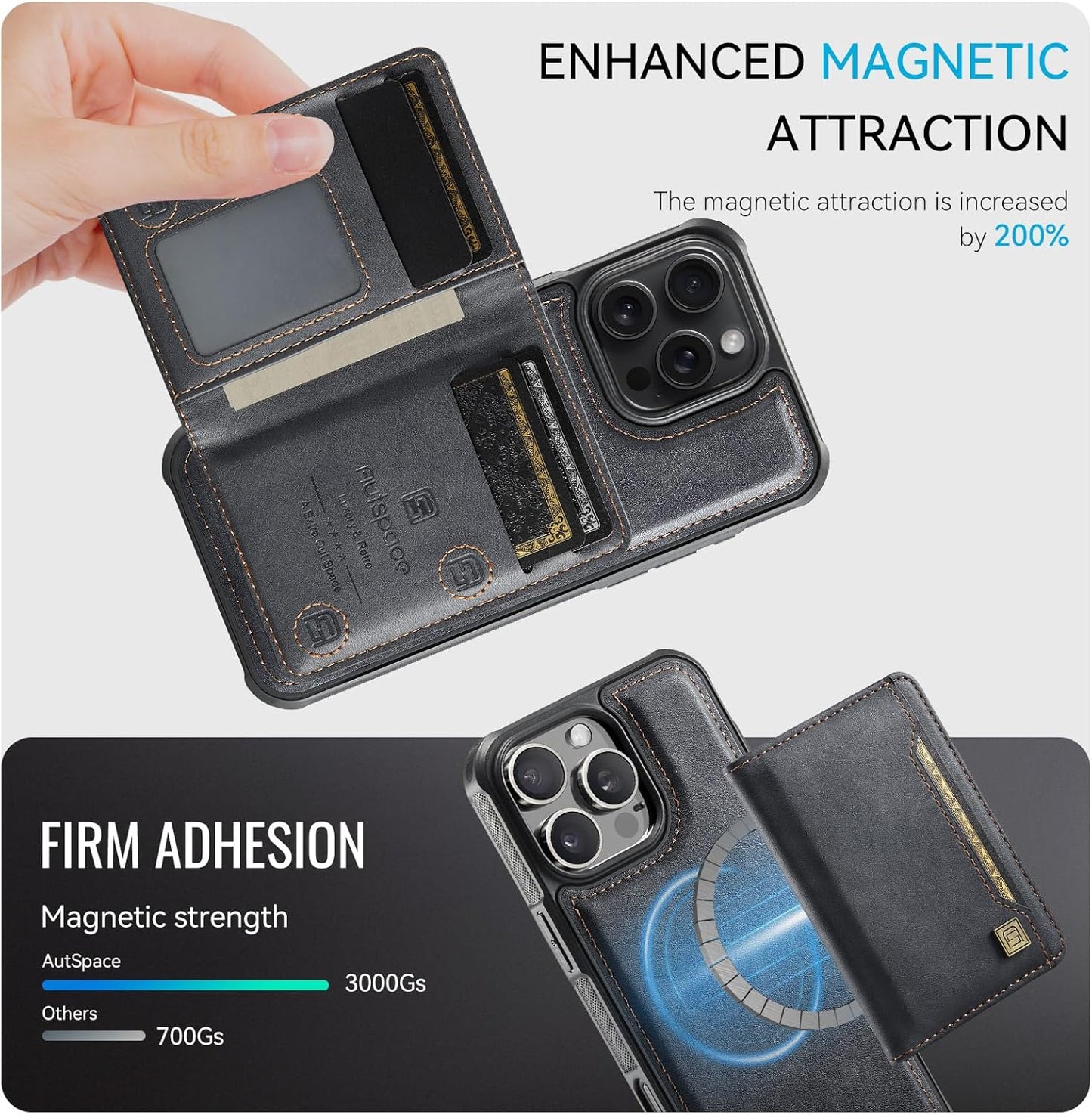 Double magnetic card holder mobile phone case for iPhone 16 Pro max, RFID (anti-theft), supports car magnetic suction function + multi-directional bracket Rose Gold