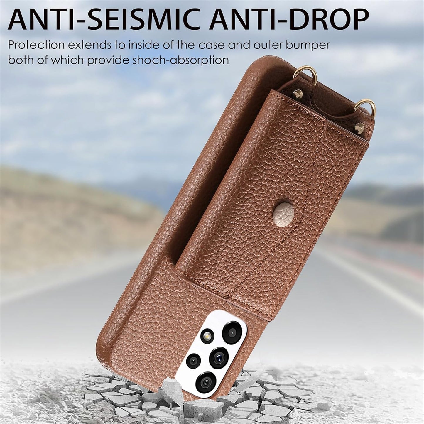 iTape Card Holder Wallet Phone Case for Samsung Galaxy A53 5G, Shockproof Ultra-thin Phone Case, Makeup Mirror with Crossbody Strap Gray