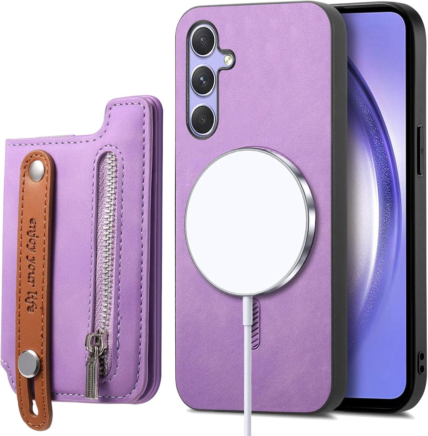 iTape Retro magnetic mobile phone case for Samsung Galaxy S25+, wireless charging magnetic car mount, Card slot, card holder, wrist strap bracket RFID anti-theft card Orange