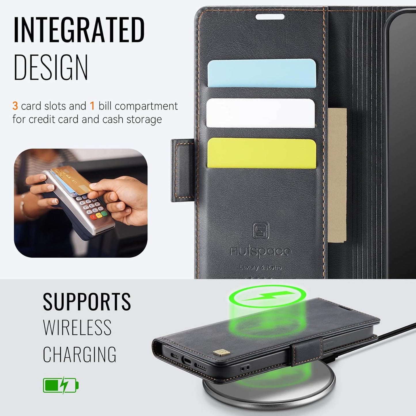 Soft leather wallet case for iPhone 15 Pro max, RFID (anti-theft), wallet card slot flip cover stand for iPhone 15 Pro max Support wireless charging Rose Gold