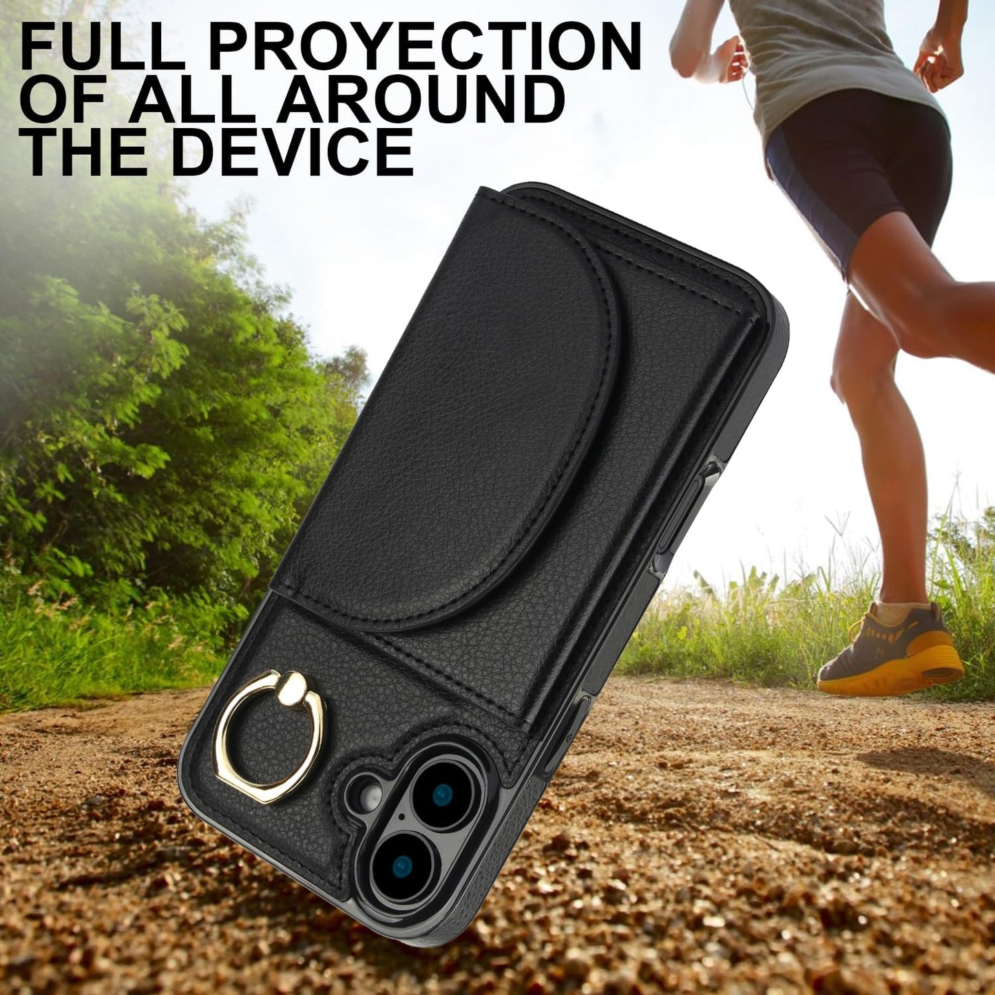 Tri-fold wallet case for iPhone 16 Plus, 360° rotating ring buckle stand, shockproof phone case coin purse card holder Black