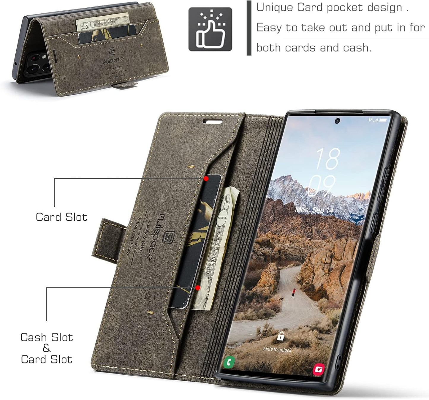 iTape Retro frosted soft leather mobile phone case for Samsung Galaxy S24 Ultra, RFID (anti-theft swipe), wallet card slot flip cover stand, Black