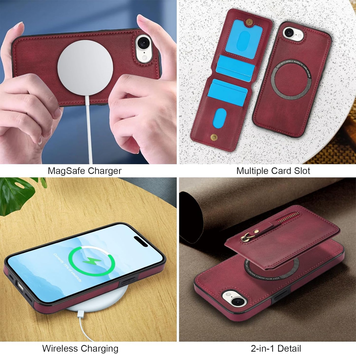 Magnetic card holder phone case suitable for iPhone 16E, zipper magnetic split magnetic wallet with adjustable bracket