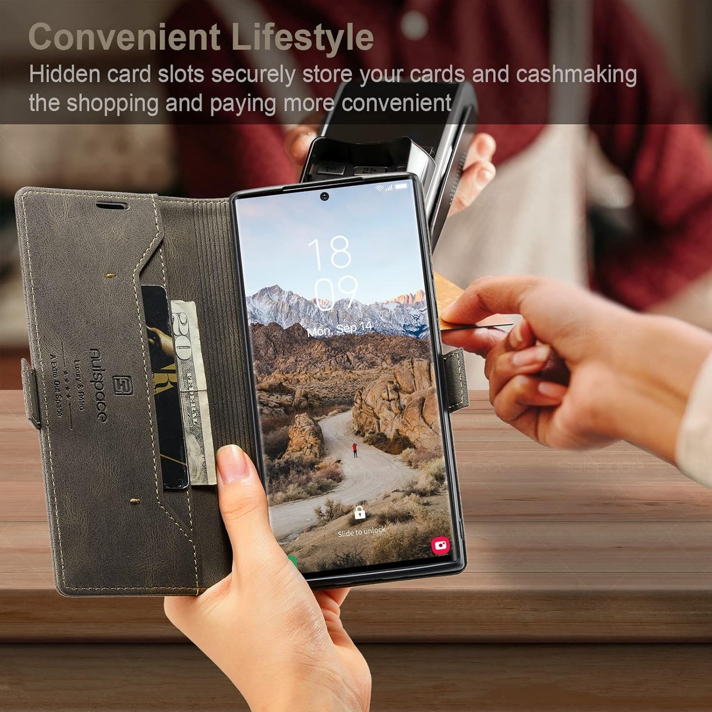 iTape Retro frosted soft leather mobile phone case for Samsung Galaxy S24 Ultra, RFID (anti-theft swipe), wallet card slot flip cover stand, Black