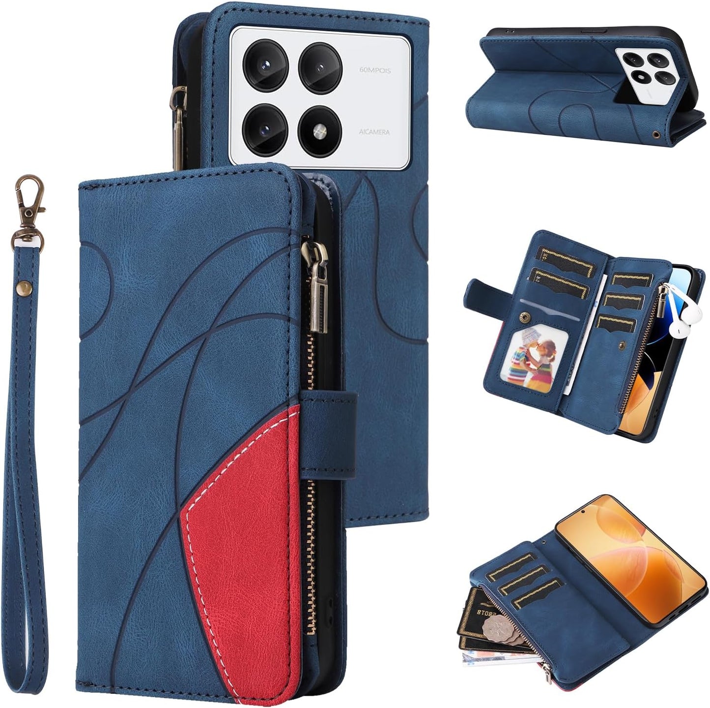 iTape 9 Card Slots Phone Case for Xiaomi POCO X6 PRO 5G, Zipper Wallet, Dual Color Stitching Color Flip Stand Card Slots Cash Clip Shockproof, Wrist Strap Black
