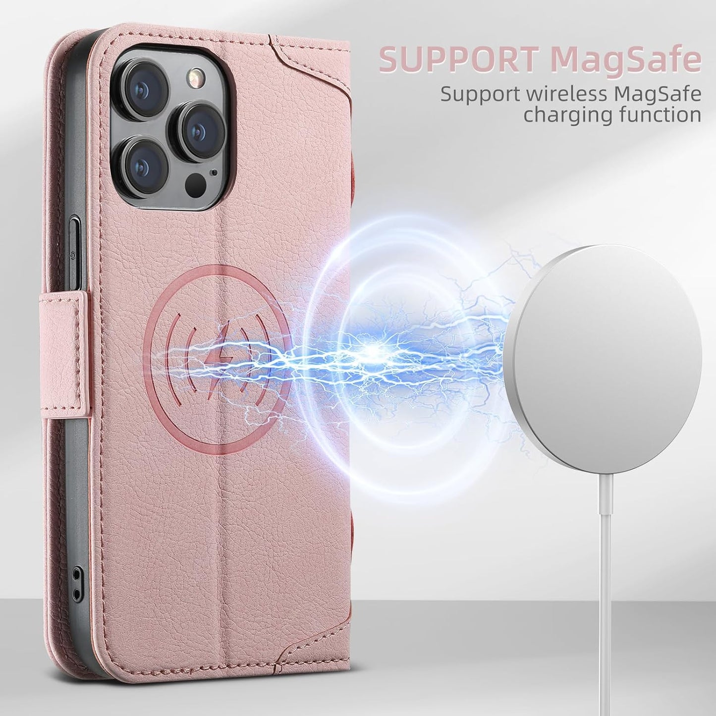 Wallet Case for iPhone 13 Pro Magsafe Charger Compatible, Magnetic Buckle Leather Case, Card Slot Stand Shock Cover Black