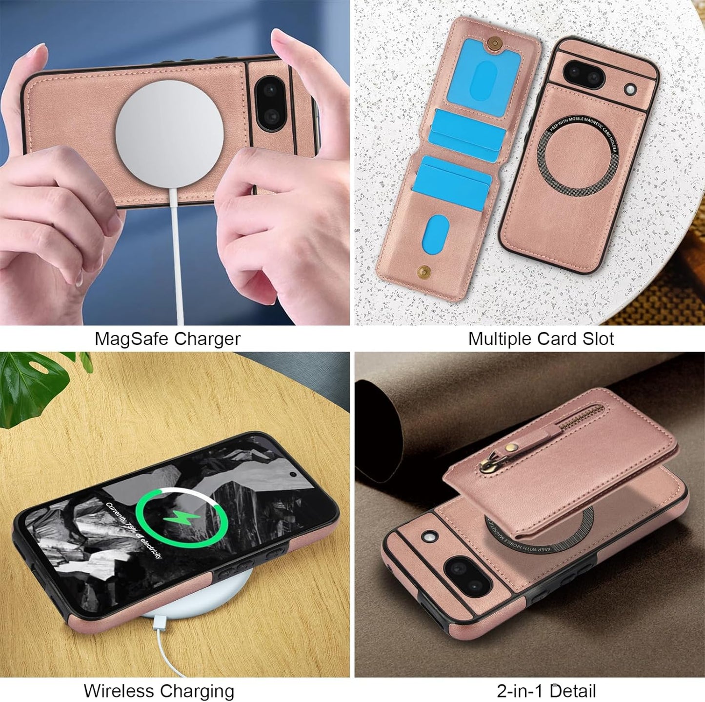 iTape Magnetic card holder phone case suitable for Google Pixel 8A, zipper magnetic split magnetic wallet with adjustable bracket Black