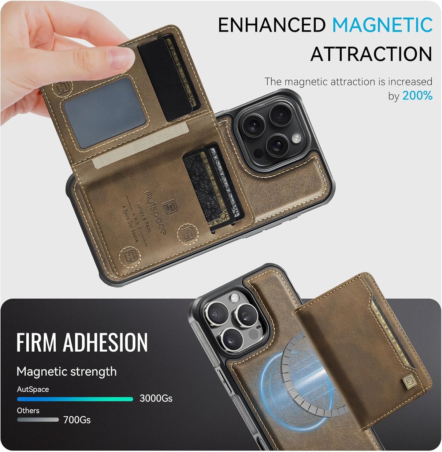 Double magnetic card holder mobile phone case for iPhone 16 Pro, RFID (anti-theft), supports car magnetic suction function + multi-directional bracket Blue