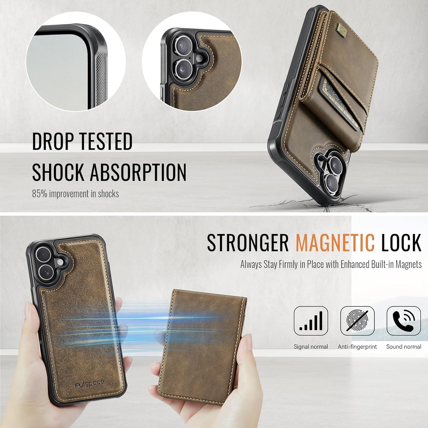 Up and down card holder mobile phone case suitable for iPhone 16 Plus, RFID (anti-theft), supports car magnetic suction function, card slot wallet holder Brown