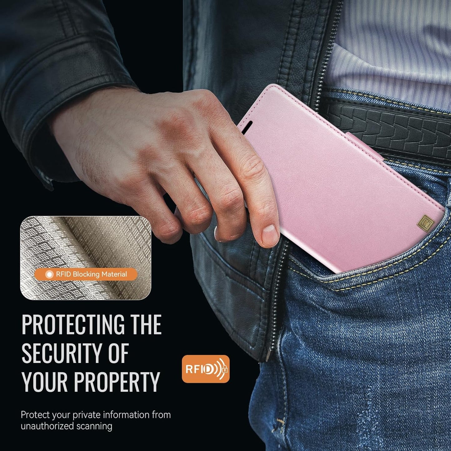Soft leather wallet case for iPhone 15 Pro max, RFID (anti-theft), wallet card slot flip cover stand for iPhone 15 Pro max Support wireless charging Rose Gold