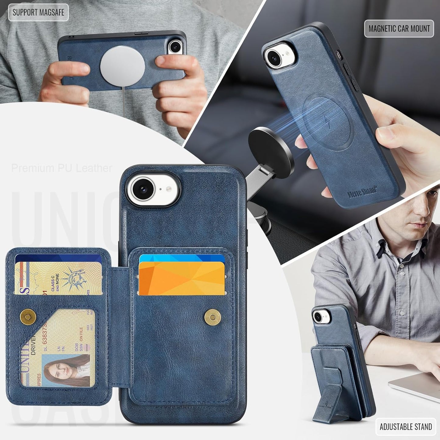 Magnetic Leather Phone Case for iPhone 16E, (RFID) Card Slot Wallet Flip Folding Stand, Wireless Charging Phone Case for iPhone 16E(RFID) Green