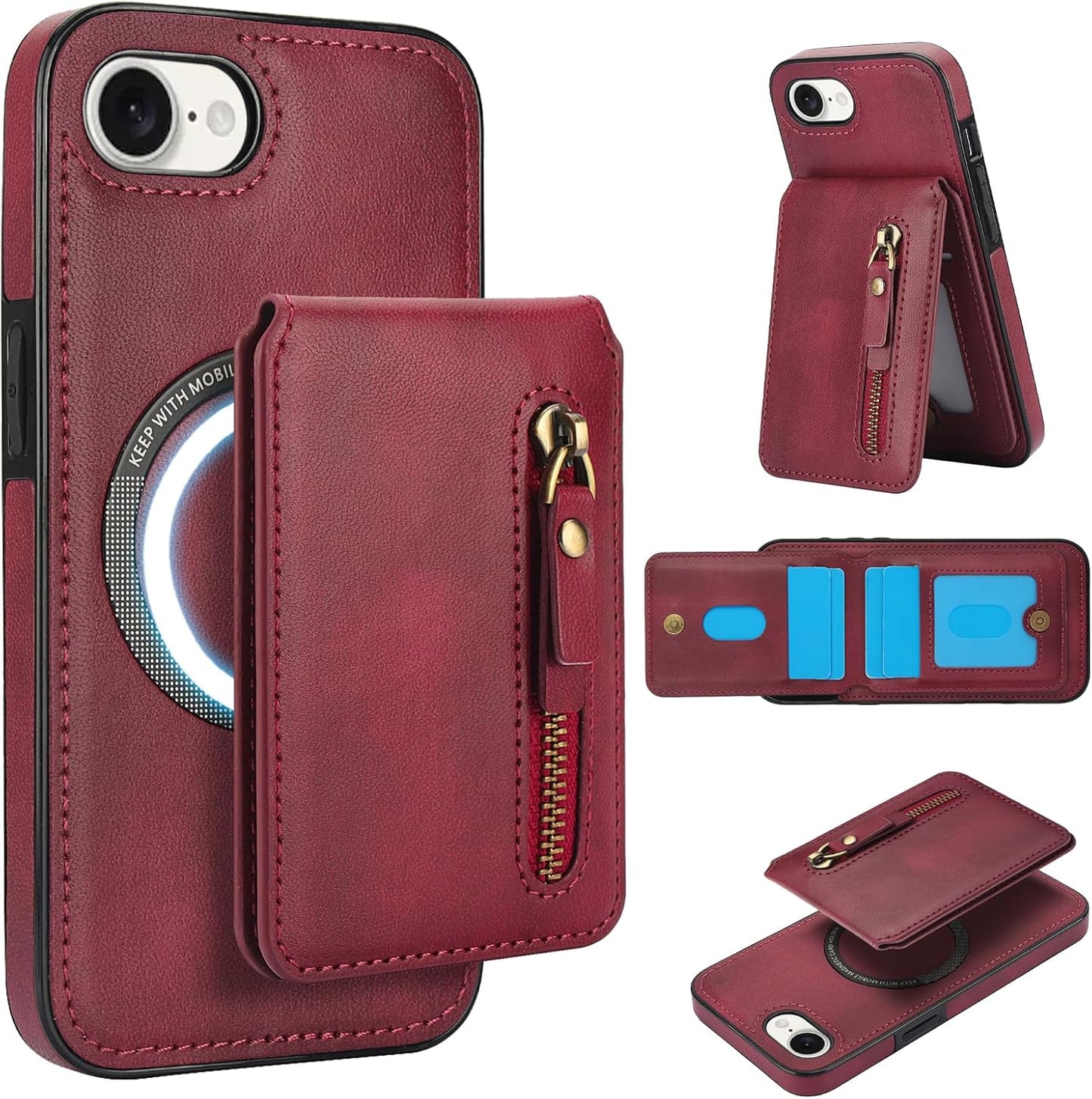 Magnetic card holder phone case suitable for iPhone 16E, zipper magnetic split magnetic wallet with adjustable bracket