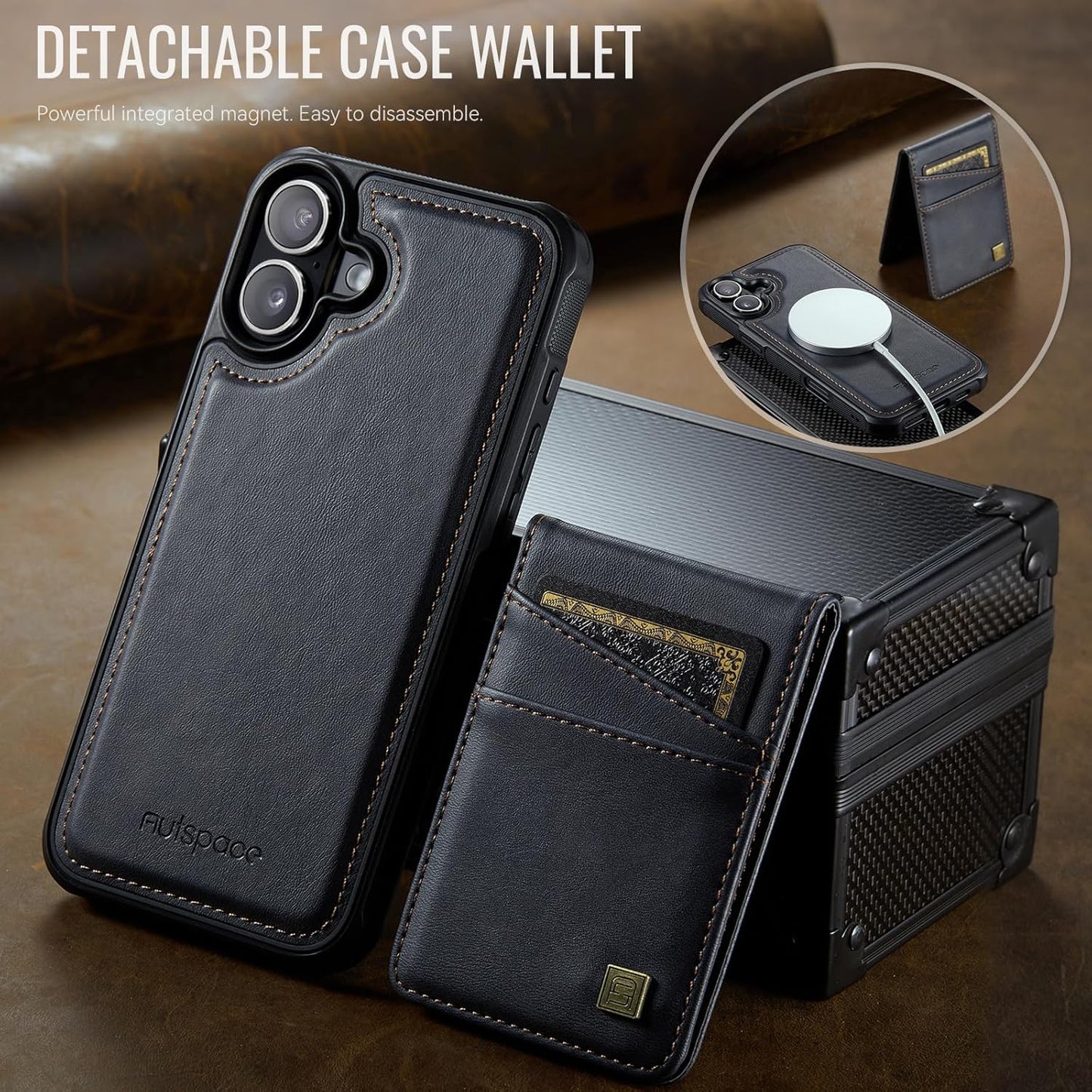 Up and down card holder mobile phone case suitable for iPhone 16 Plus, RFID (anti-theft), supports car magnetic suction function, card slot wallet holder Brown