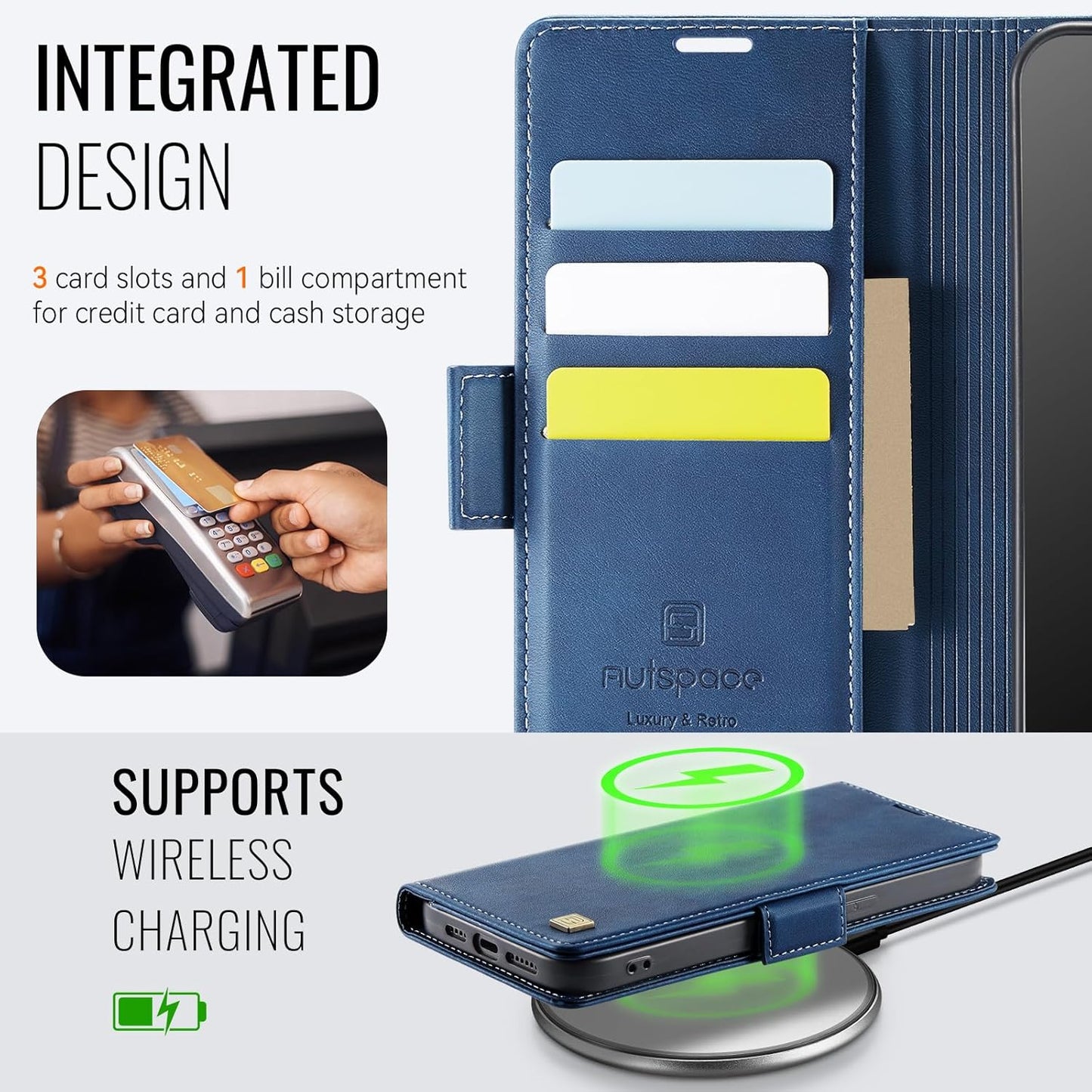 Soft leather wallet case for iPhone 15 Pro max, RFID (anti-theft), wallet card slot flip cover stand for iPhone 15 Pro max Support wireless charging Rose Gold