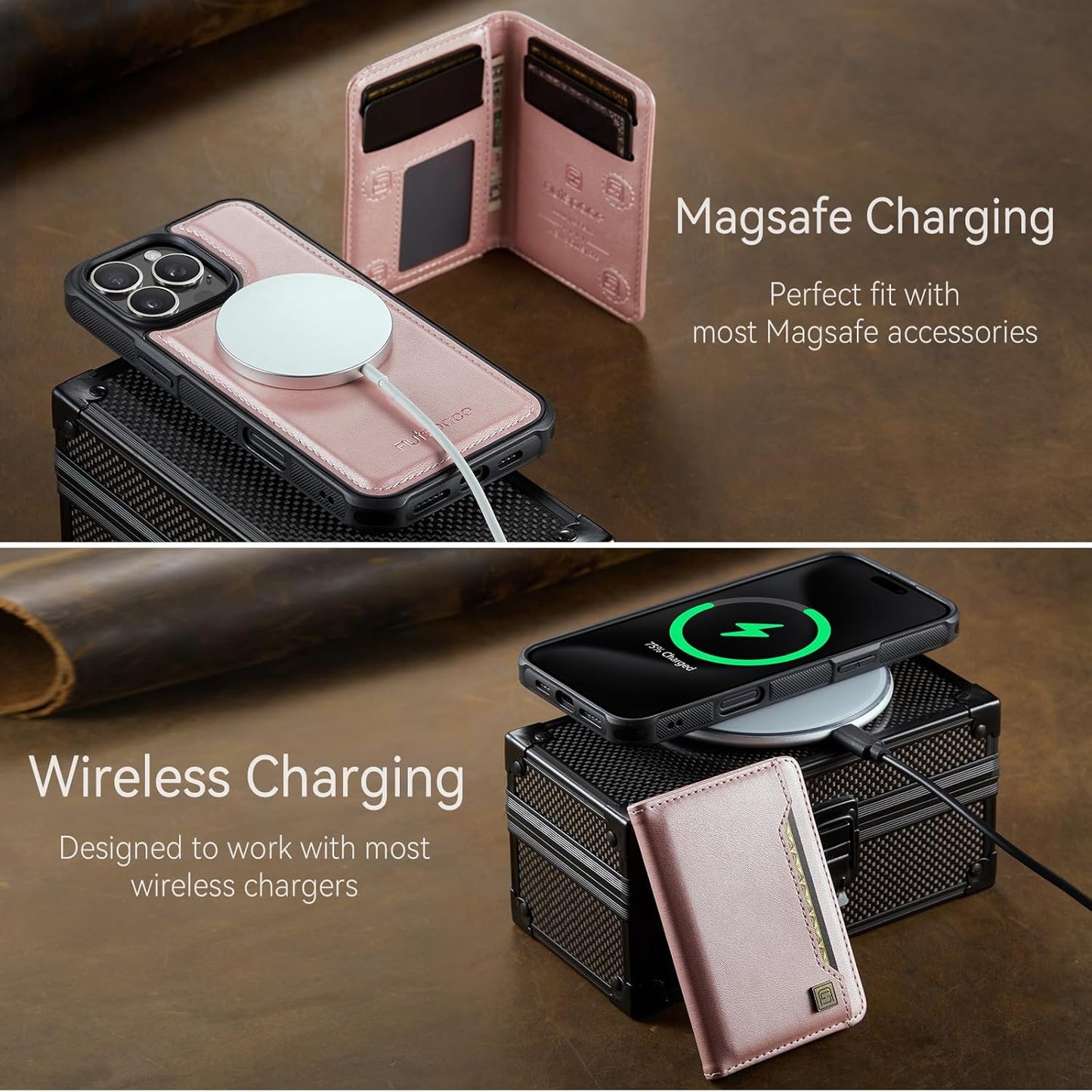 Double magnetic card holder mobile phone case for iPhone 16 Pro max, RFID (anti-theft), supports car magnetic suction function + multi-directional bracket Rose Gold