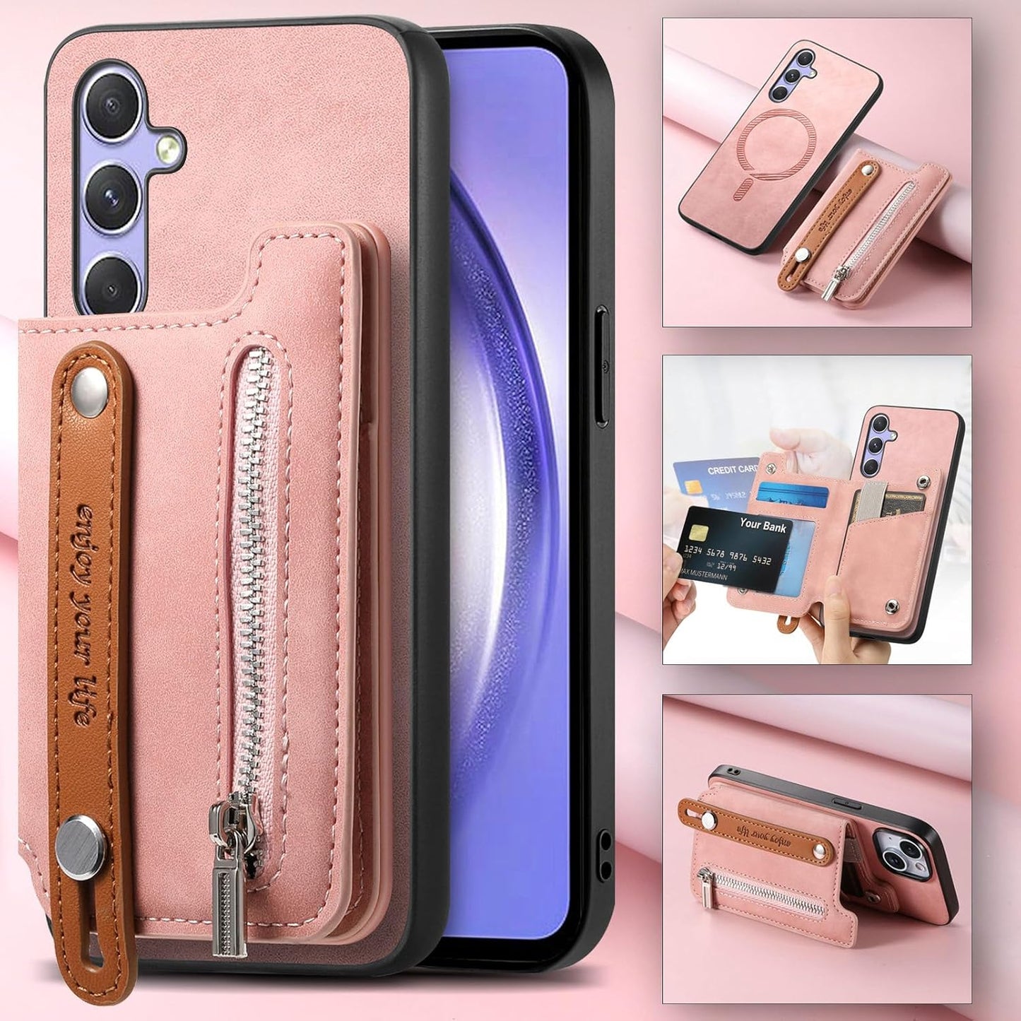 iTape Retro magnetic mobile phone case for Samsung Galaxy S25+, wireless charging magnetic car mount, Card slot, card holder, wrist strap bracket RFID anti-theft card Orange