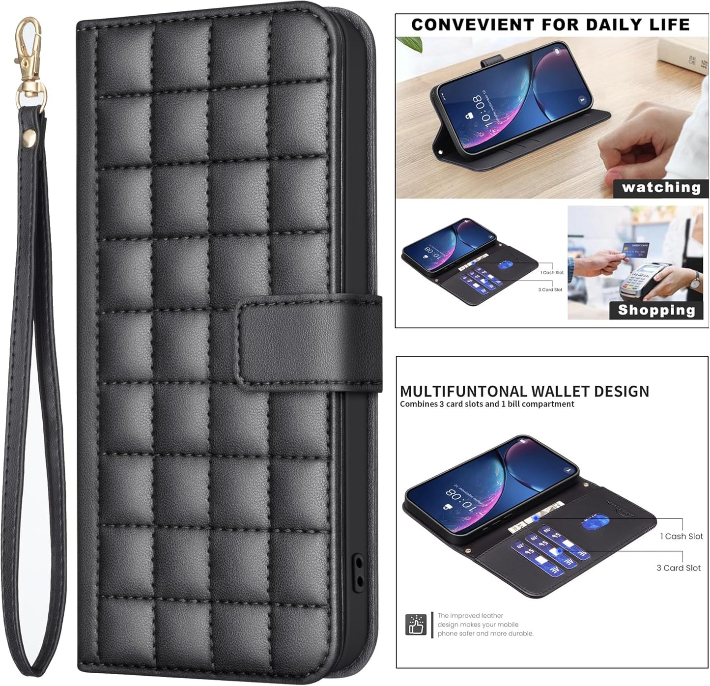 Plaid Wallet Phone Case for iPhone 16E, Wallet Phone Case, Flip Stand, Credit Card Slot Wallet With wrist strap Green