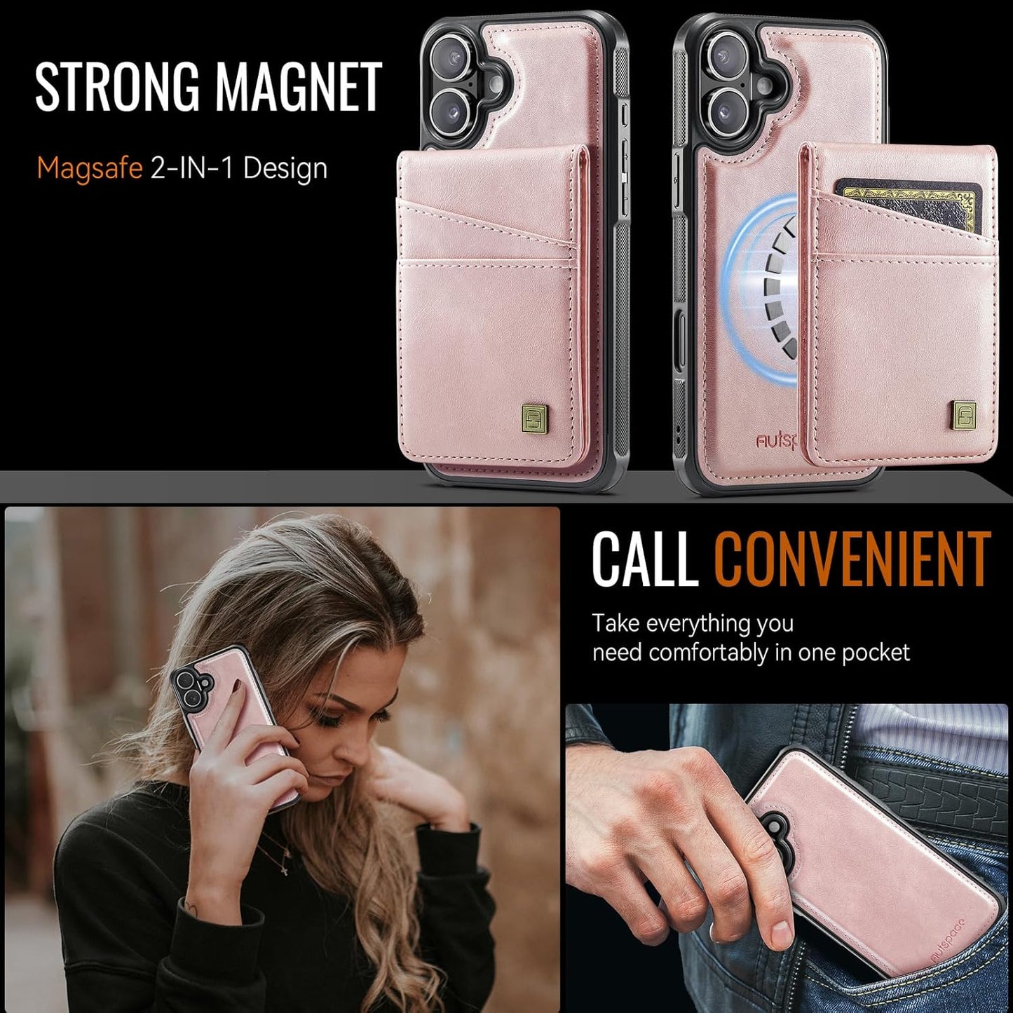 Up and down card holder mobile phone case suitable for iPhone 16 Plus, RFID (anti-theft), supports car magnetic suction function, card slot wallet holder Brown