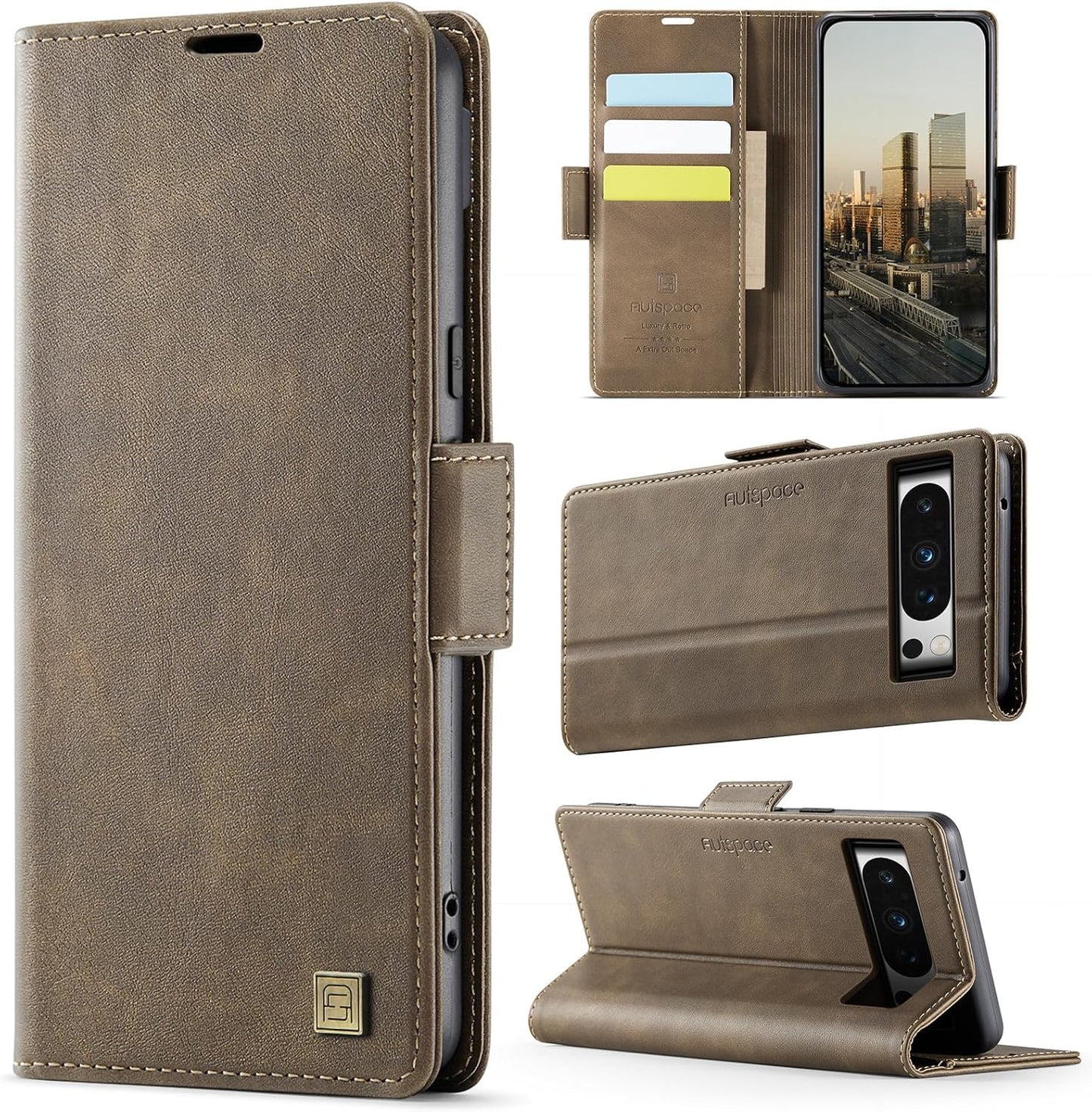 iTape Soft leather wallet case for Google Pixel 8 Pro, RFID (anti-theft), wallet card slot flip cover stand for Google Pixel 8 Pro Support wireless charging Brown
