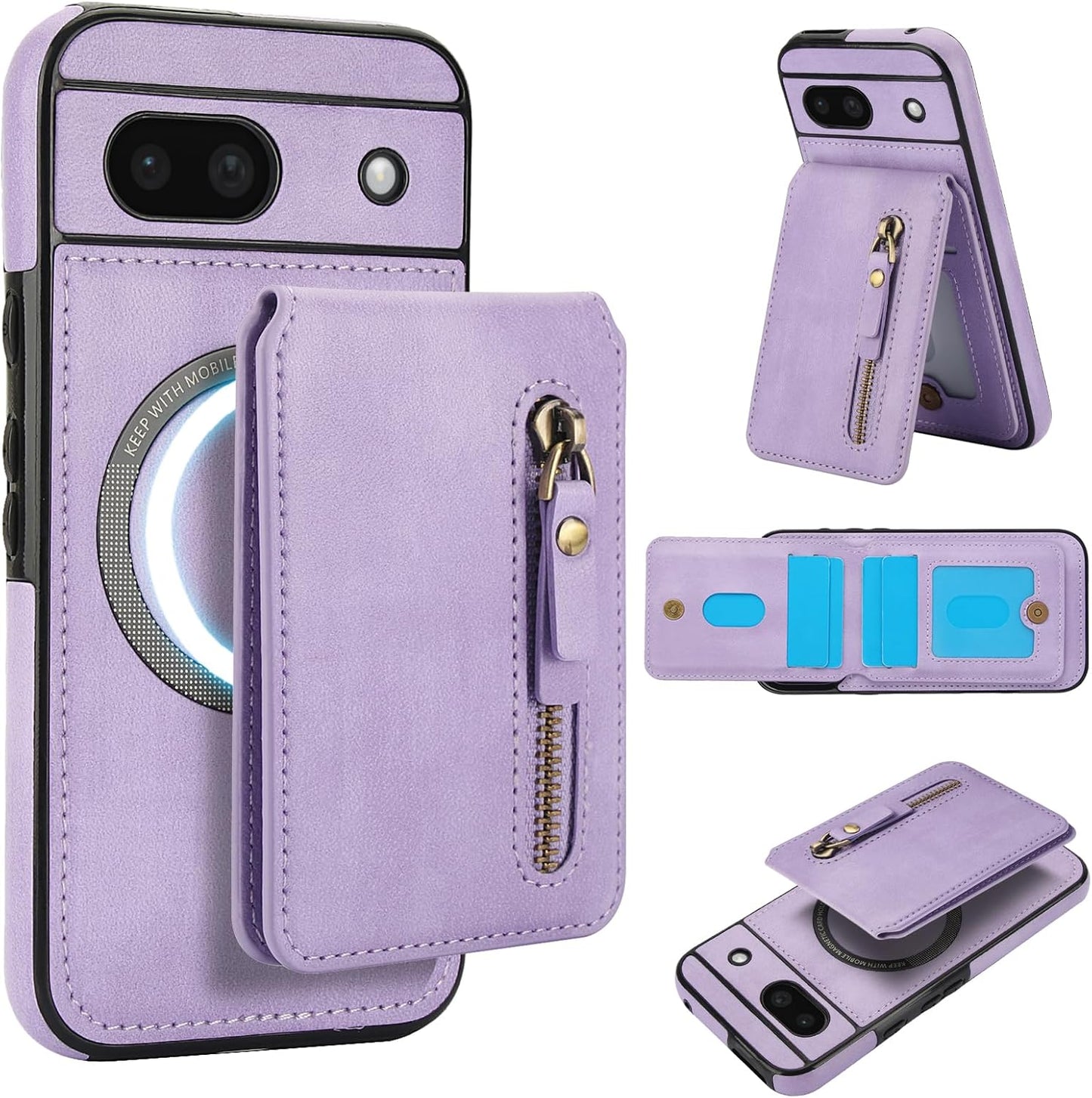 iTape Magnetic card holder phone case suitable for Google Pixel 8A, zipper magnetic split magnetic wallet with adjustable bracket Black