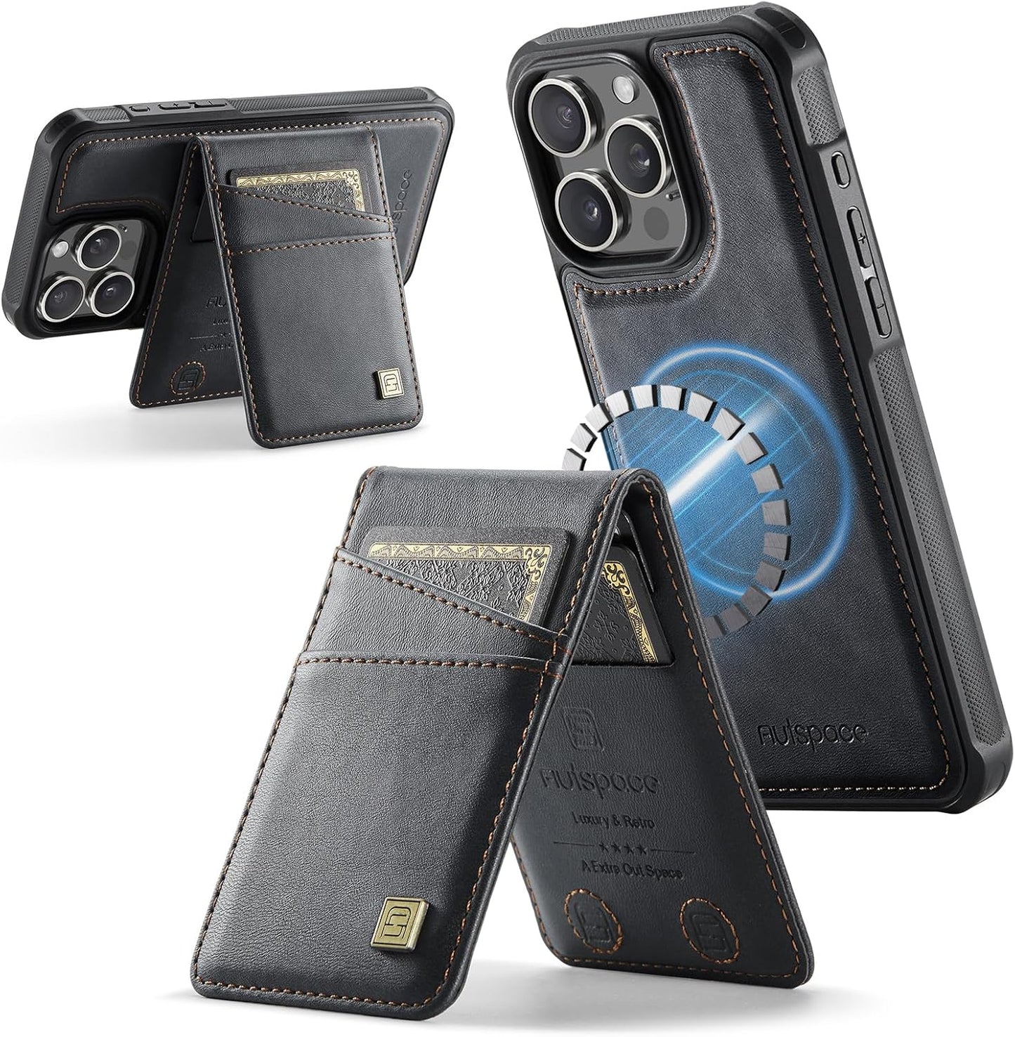 Up and down card holder mobile phone case suitable for iPhone 14 Pro max, RFID (anti-theft), supports car magnetic suction function, card slot wallet holder Black