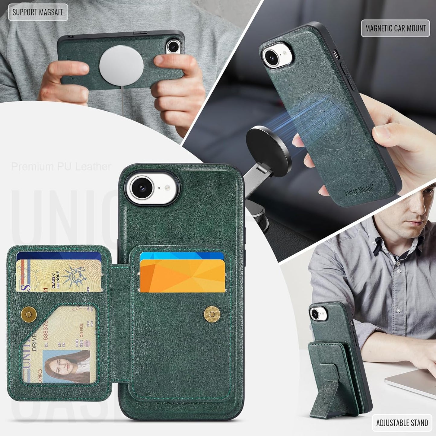 Magnetic Leather Phone Case for iPhone 16E, (RFID) Card Slot Wallet Flip Folding Stand, Wireless Charging Phone Case for iPhone 16E(RFID) Green