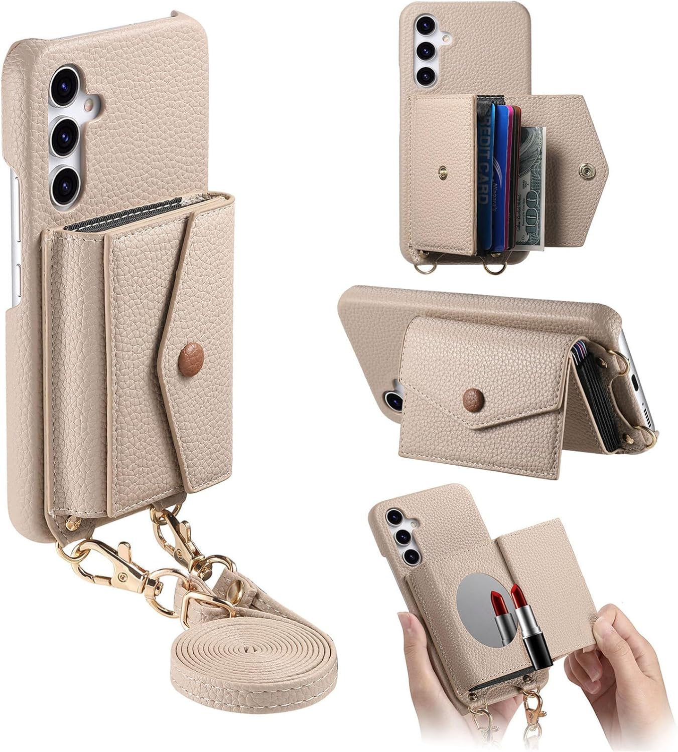 iTape Card Holder Wallet Phone Case for Samsung Galaxy A54 5G, Shockproof Ultra-thin Phone Case, Makeup Mirror with Crossbody Strap Brown