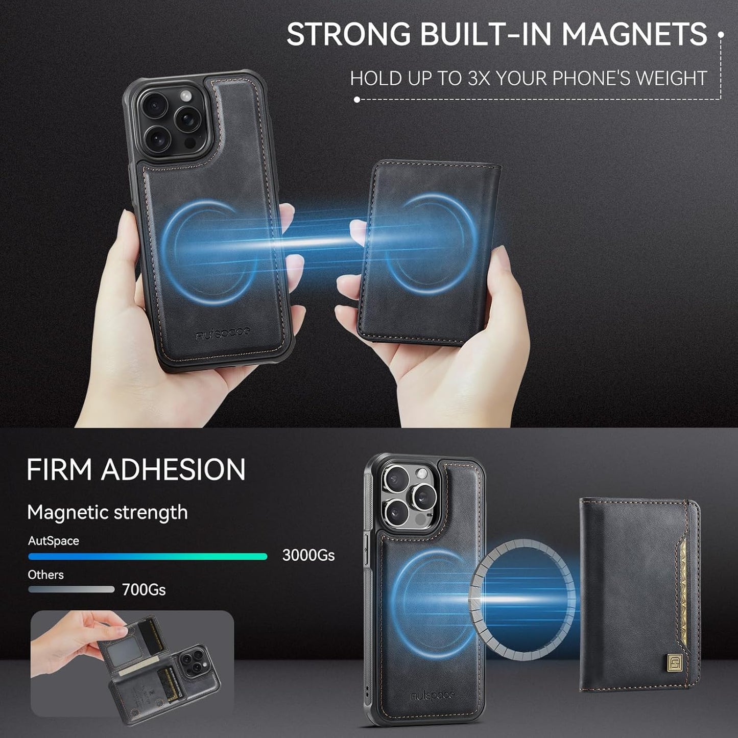 Double magnetic card holder mobile phone case for iPhone 14 Pro max, RFID (anti-theft), supports car magnetic suction function + multi-directional bracket Gray
