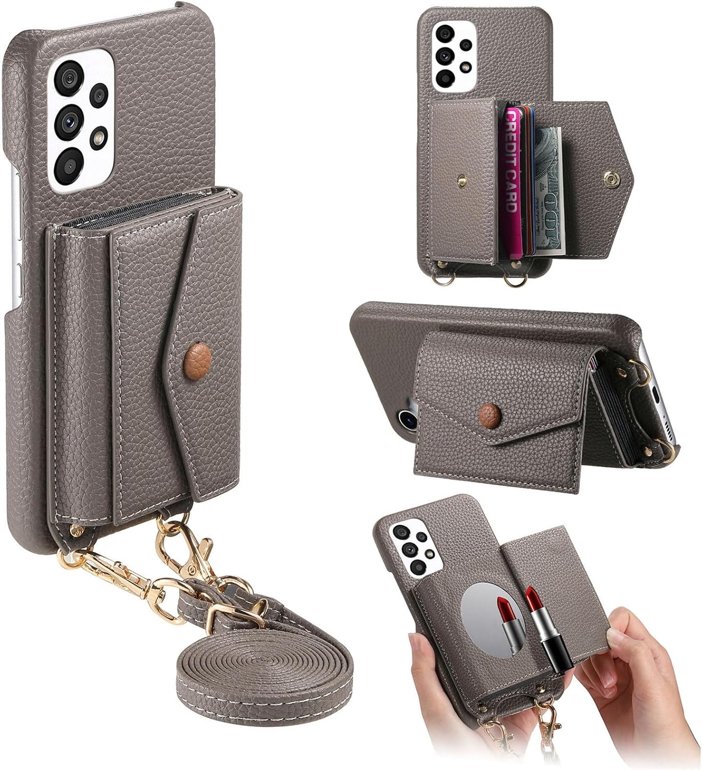 iTape Card Holder Wallet Phone Case for Samsung Galaxy A53 5G, Shockproof Ultra-thin Phone Case, Makeup Mirror with Crossbody Strap Gray