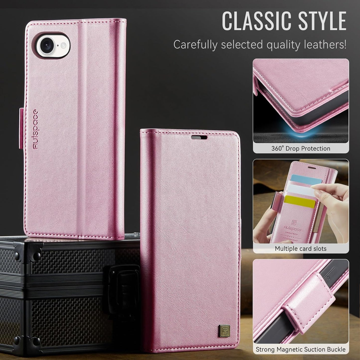 Soft leather wallet case for iPhone 16E, RFID (anti-theft), wallet card slot flip cover stand for iPhone 16E Support wireless charging Gray