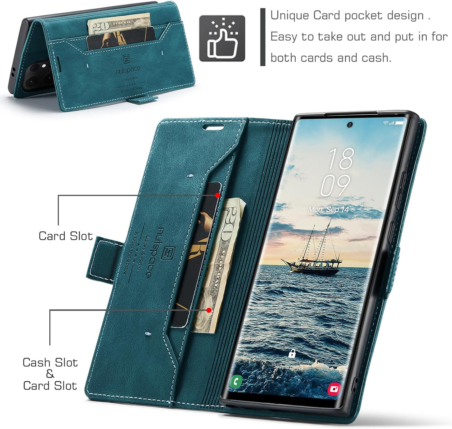 iTape Retro frosted soft leather mobile phone case for Samsung Galaxy S24 Ultra, RFID (anti-theft swipe), wallet card slot flip cover stand, Black