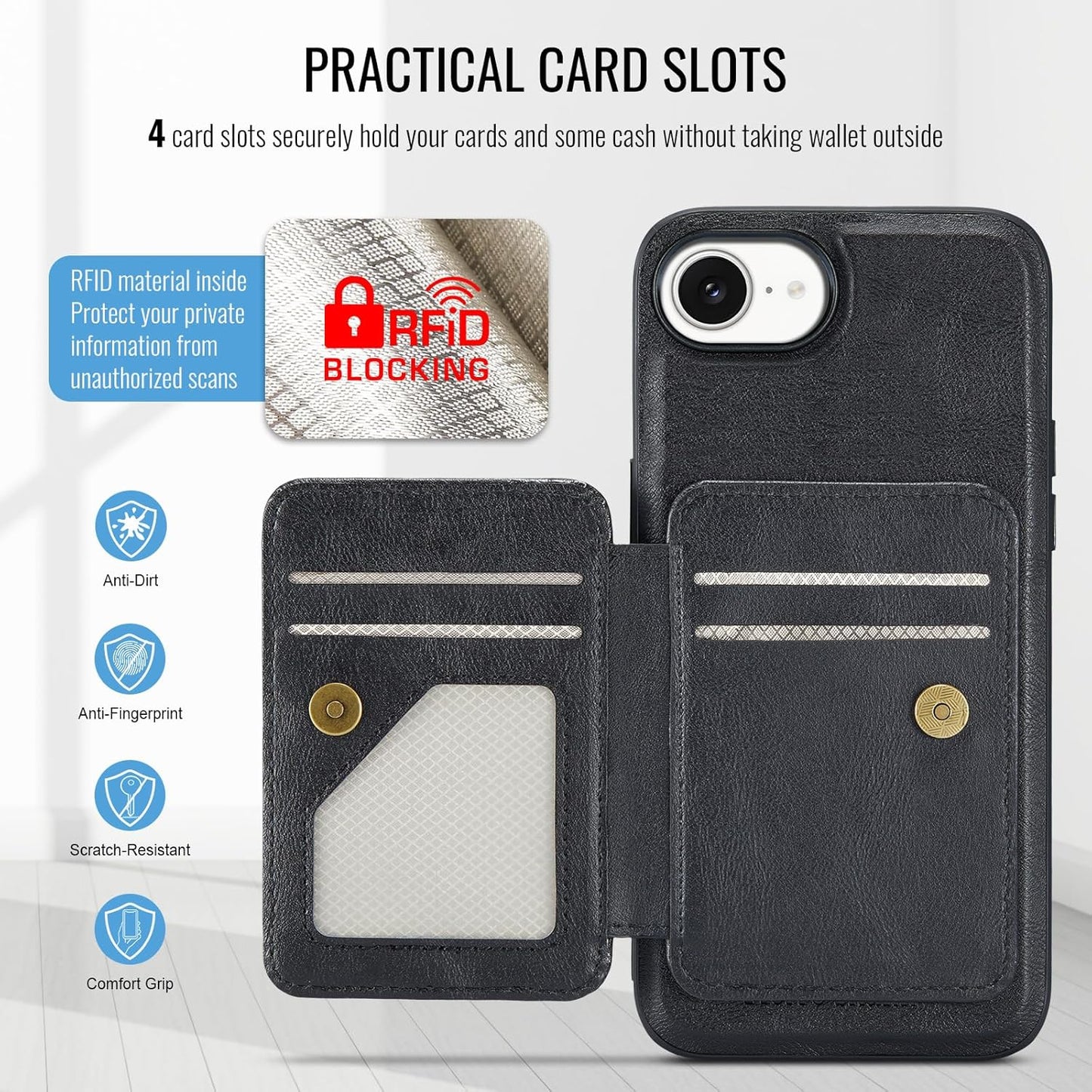 Magnetic Leather Phone Case for iPhone 16E, (RFID) Card Slot Wallet Flip Folding Stand, Wireless Charging Phone Case for iPhone 16E(RFID) Green