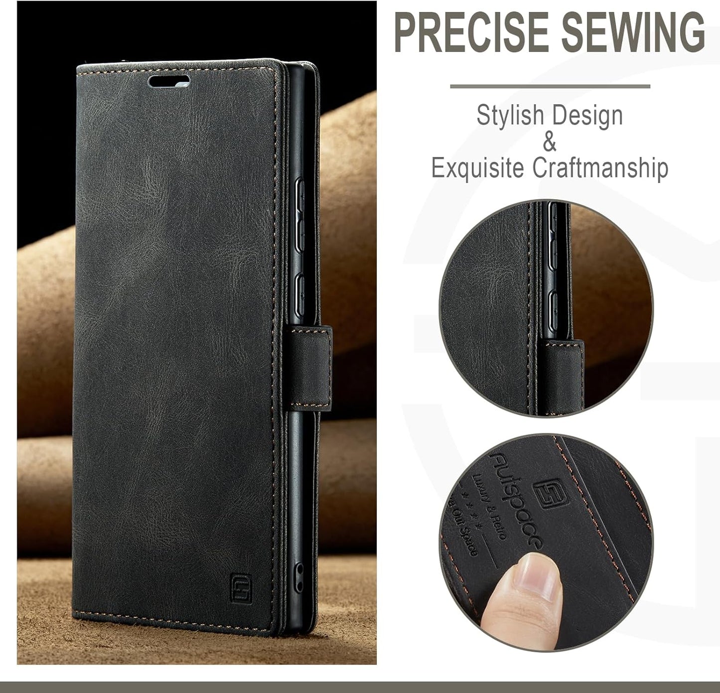 iTape Retro frosted soft leather mobile phone case for Samsung Galaxy S24 Ultra, RFID (anti-theft swipe), wallet card slot flip cover stand, Black