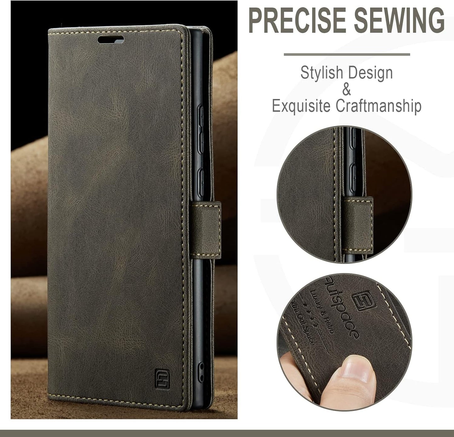 iTape Retro frosted soft leather mobile phone case for Samsung Galaxy S24 Ultra, RFID (anti-theft swipe), wallet card slot flip cover stand, Black