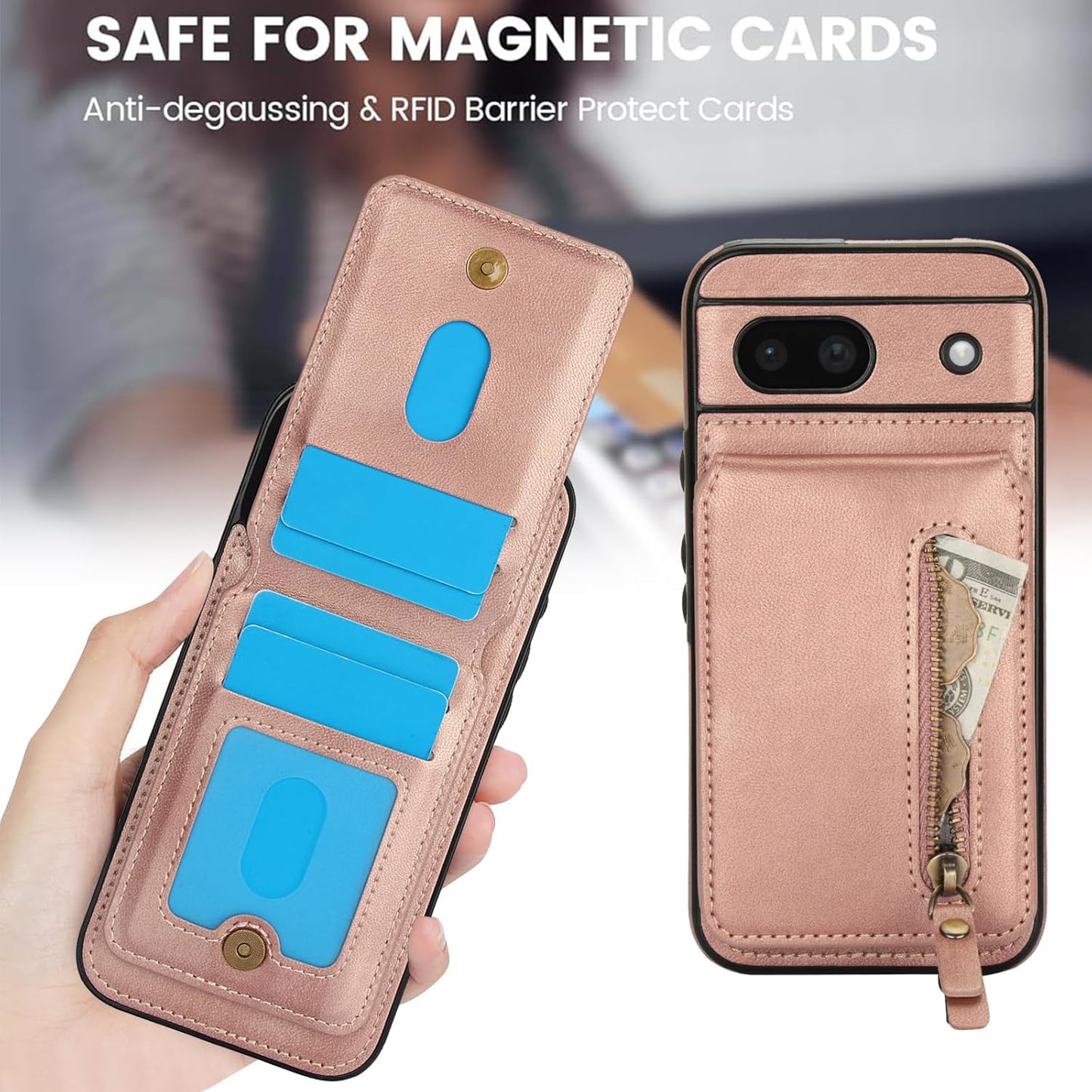 iTape Magnetic card holder phone case suitable for Google Pixel 8A, zipper magnetic split magnetic wallet with adjustable bracket Black